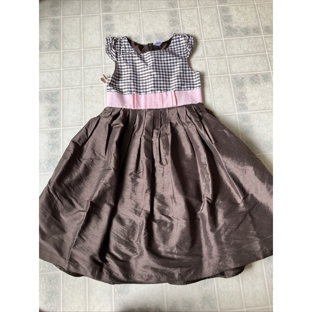 Gymboree Celebrate‎ Spring brown gingham pleated silk dress girl size 10 Modest